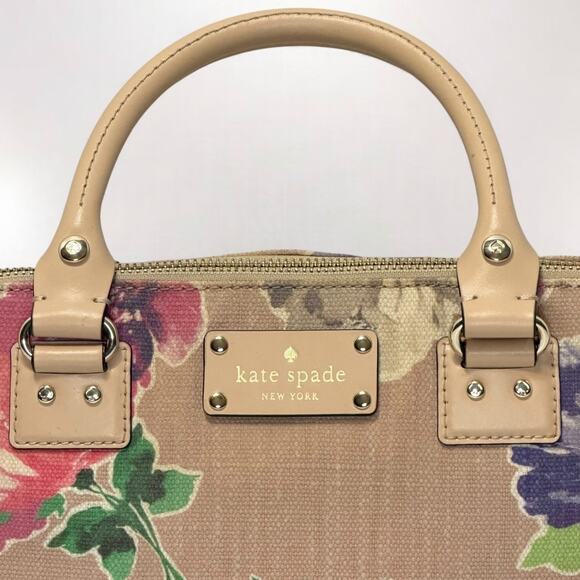 Kate Spade Floral Satchel Crossbody Handbag Beige Linen Jute Canvas Leather Trim - Picture 5 of 12